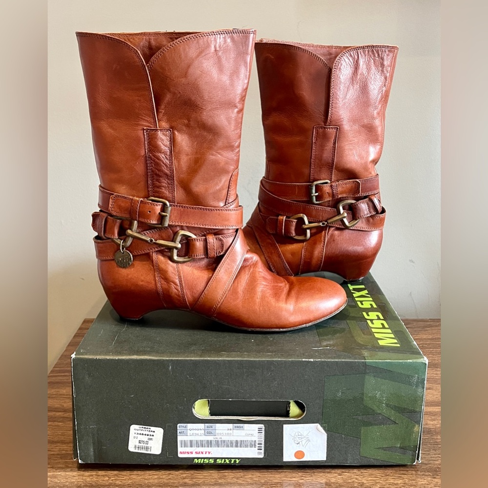 Miss Sixty ‘Valia’ Cognac Leather Strappy Buckle Boots, Size 38